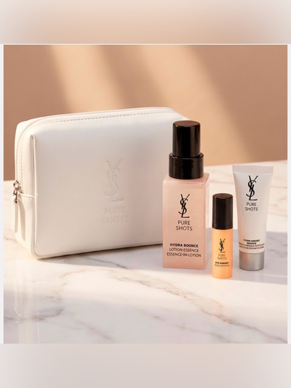 Yves Saint Laurent Pure Shots Makeup Pouch and Hydration Trio in White and Peach